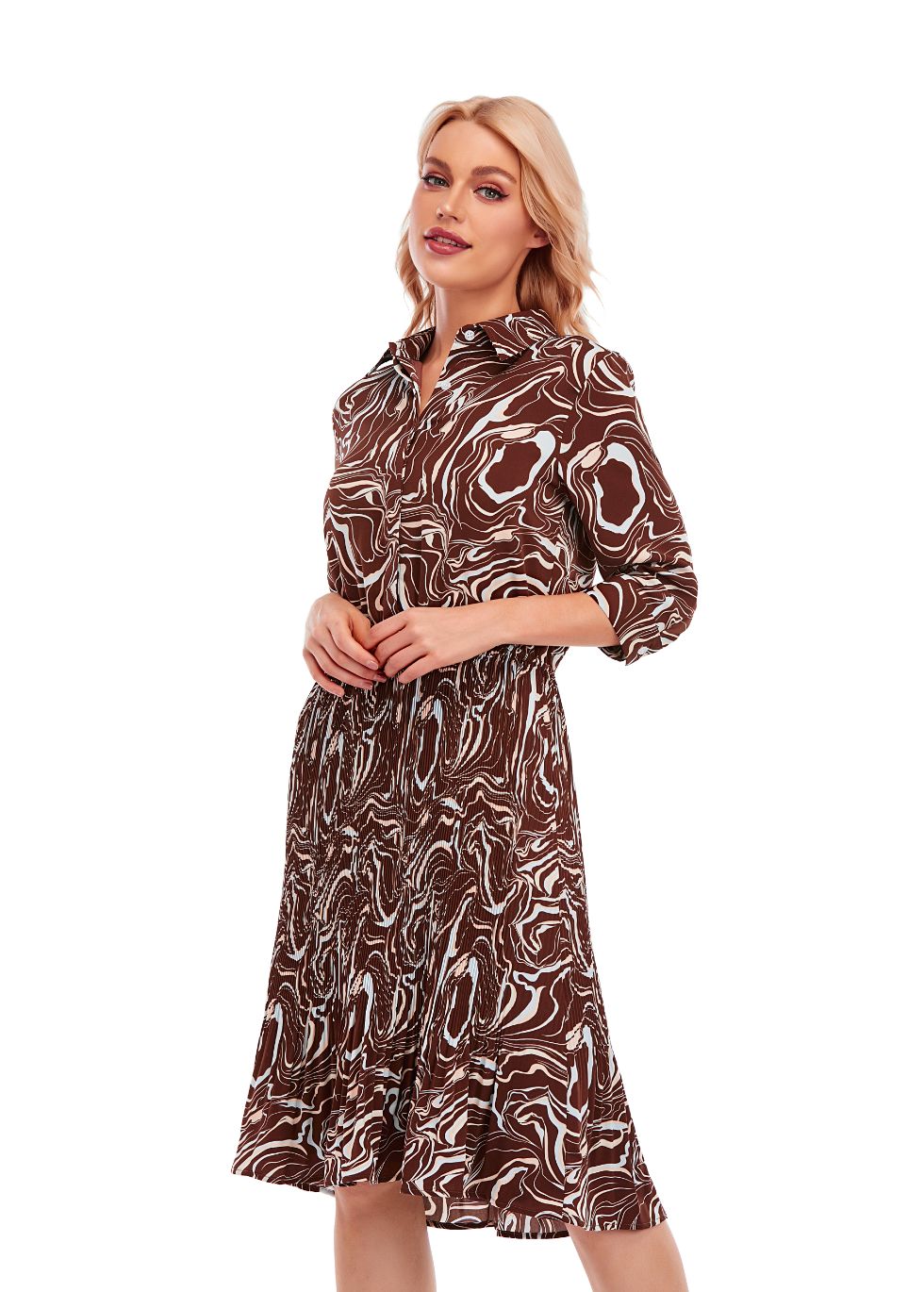 Micro Pleated Skirt Print Dress with 3/4 Sleeve and Button Down Top - alamaud