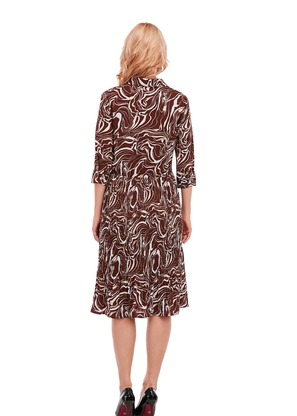 Micro Pleated Skirt Print Dress with 3/4 Sleeve and Button Down Top - alamaud