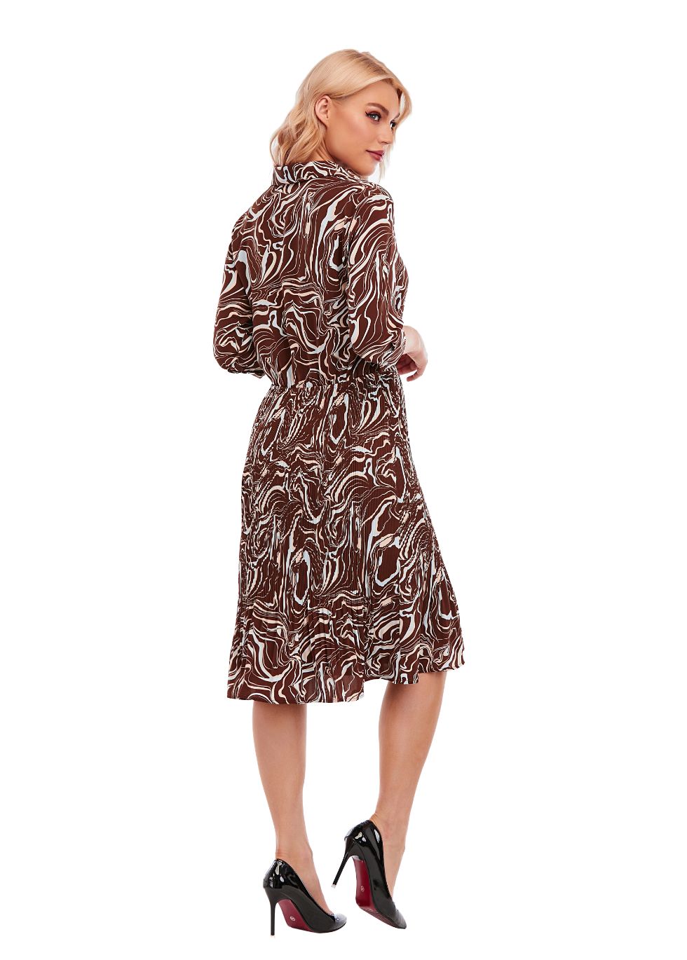 Micro Pleated Skirt Print Dress with 3/4 Sleeve and Button Down Top - alamaud