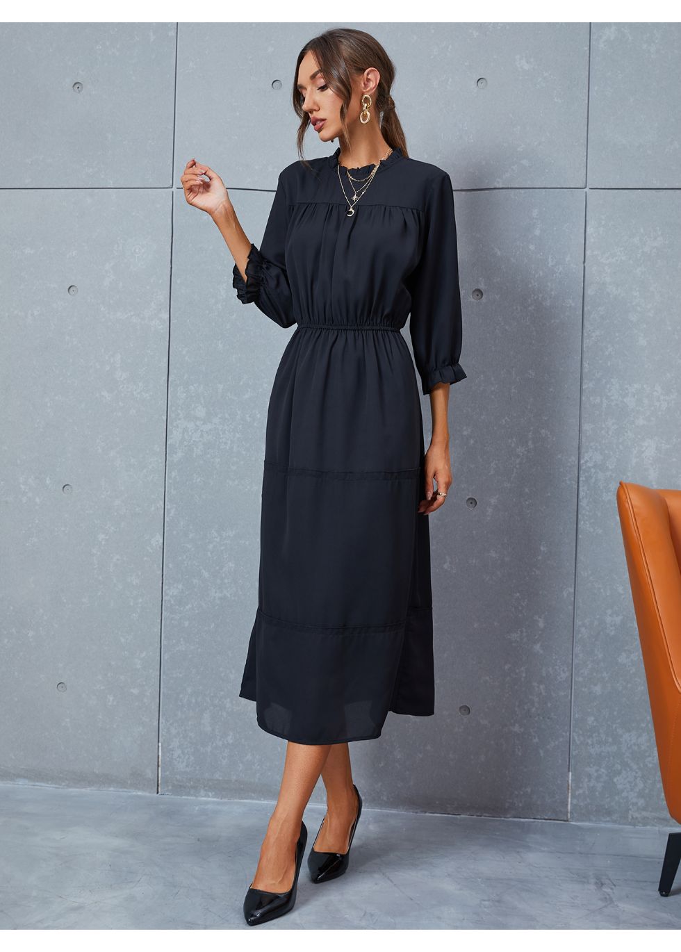 Modest 3/4 Sleeve Tiered Midi Dress - alamaud