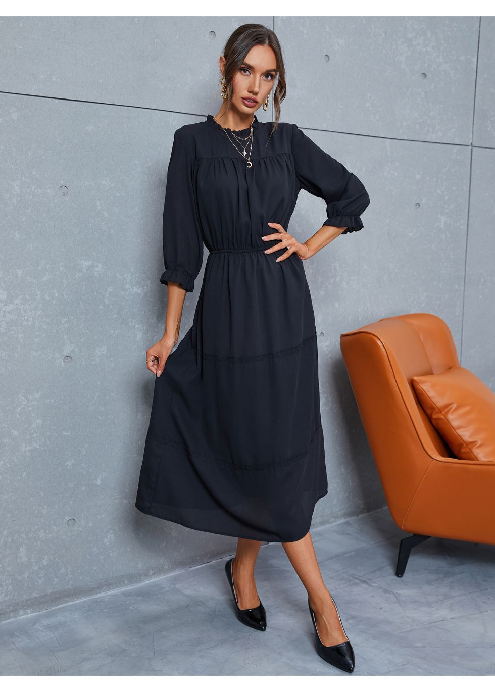 Modest 3/4 Sleeve Tiered Midi Dress - alamaud