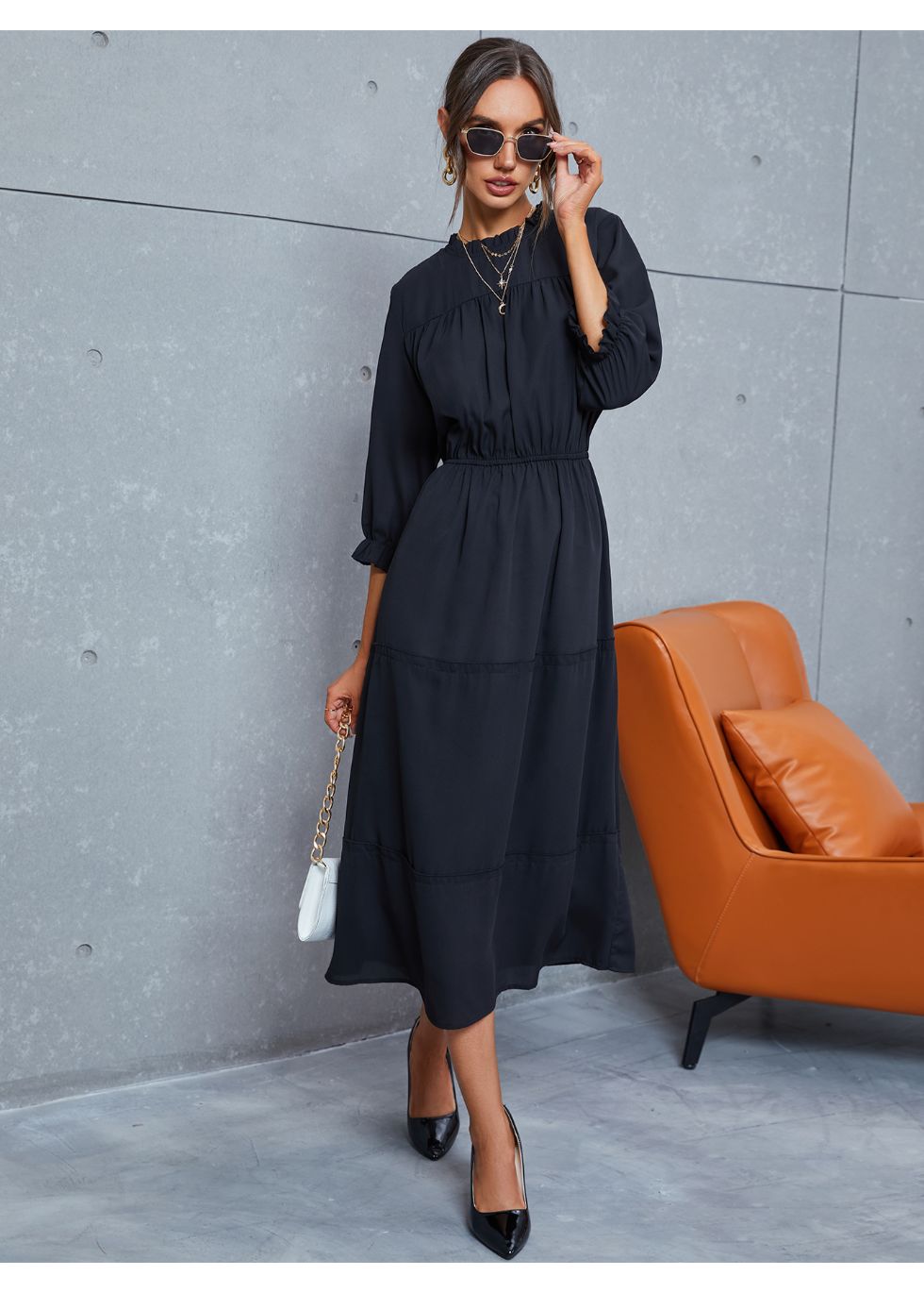 Modest 3/4 Sleeve Tiered Midi Dress - alamaud