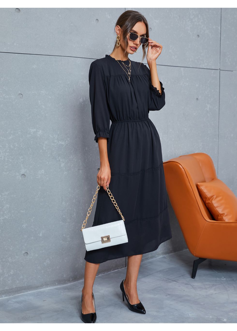 Modest 3/4 Sleeve Tiered Midi Dress - alamaud