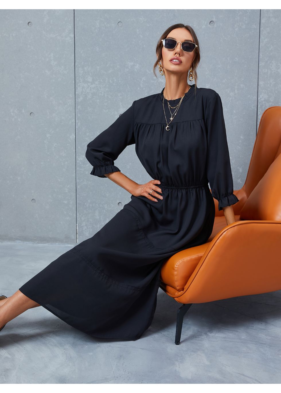 Modest 3/4 Sleeve Tiered Midi Dress - alamaud