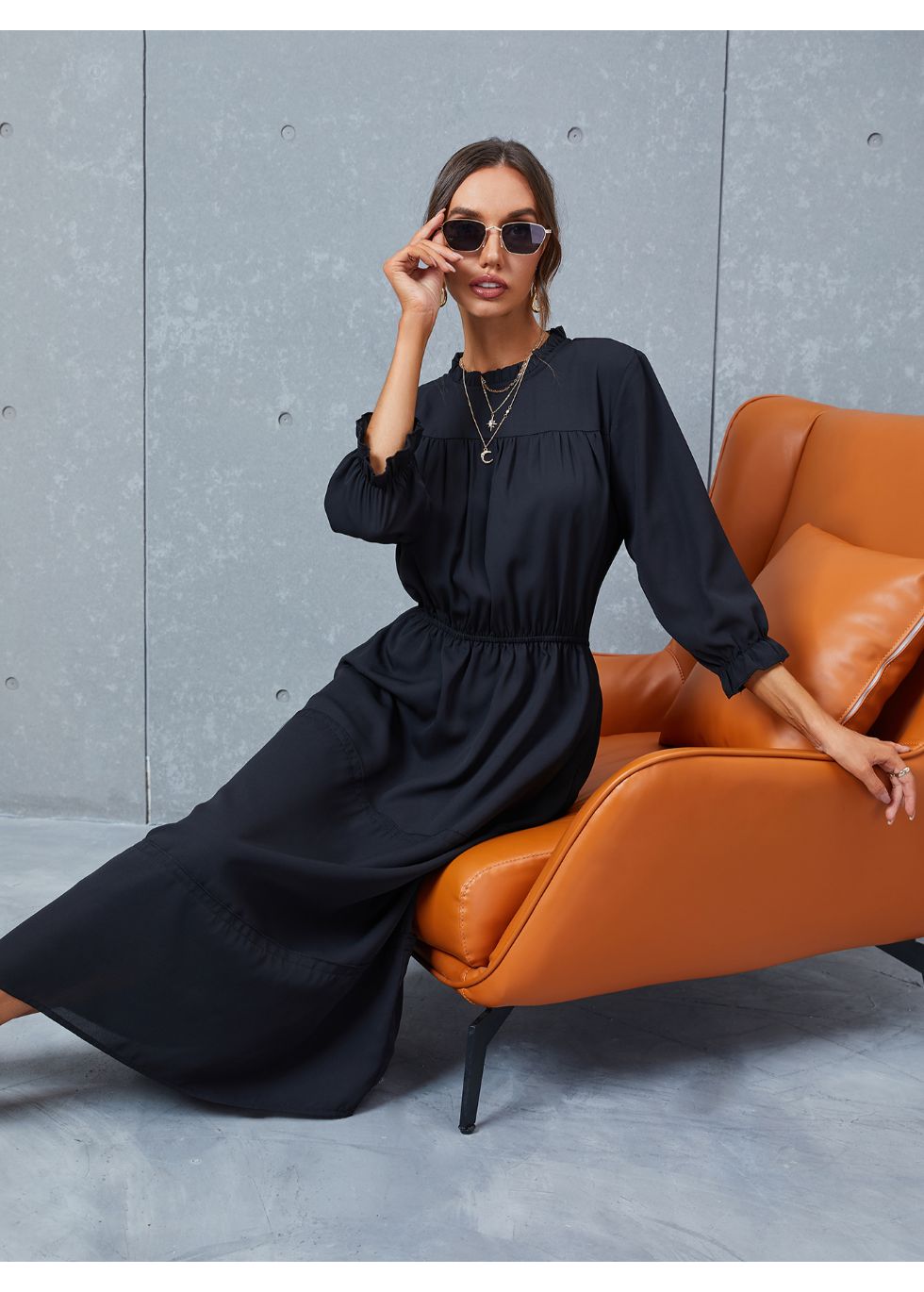 Modest 3/4 Sleeve Tiered Midi Dress - alamaud