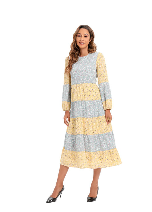 Mixed Print Midi Dress with Long Sleeves - alamaud