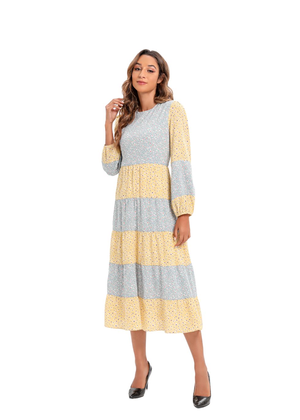 Mixed Print Midi Dress with Long Sleeves - seilerlanguageservices