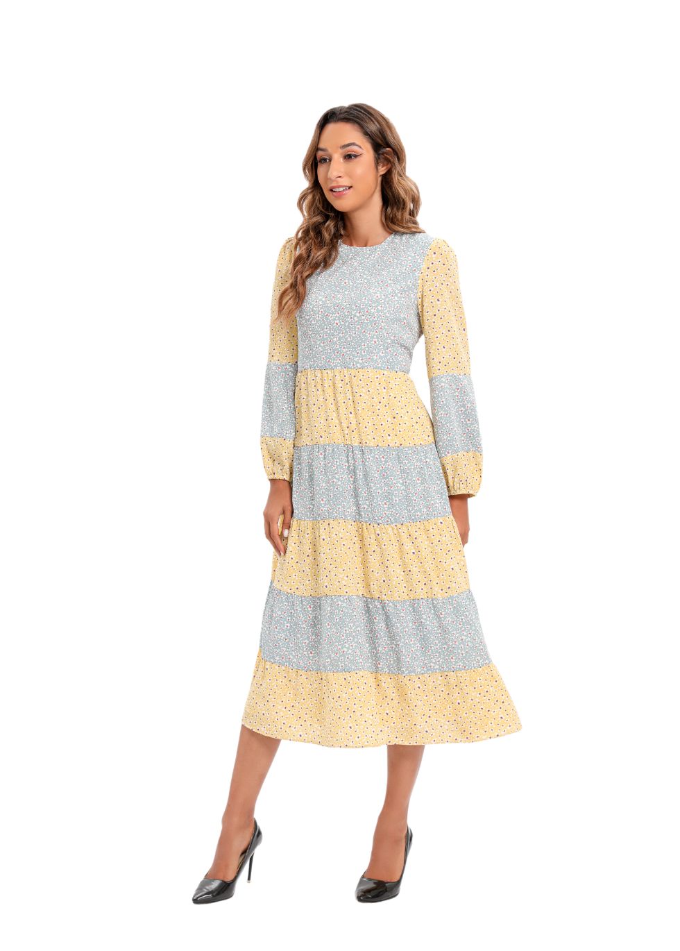 Mixed Print Midi Dress with Long Sleeves - seilerlanguageservices