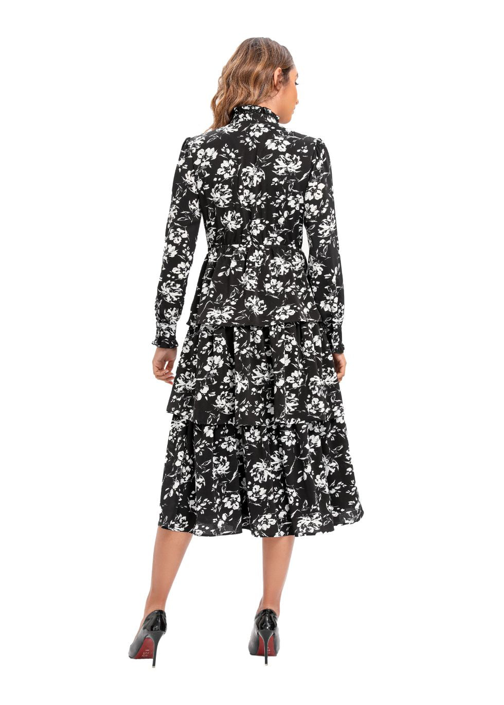 Long Sleeve Tiered Print Midi Dress - alamaud