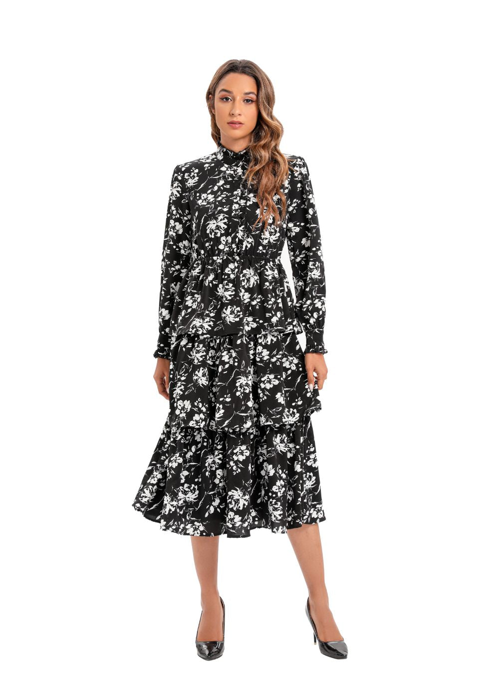 Long Sleeve Tiered Print Midi Dress - alamaud