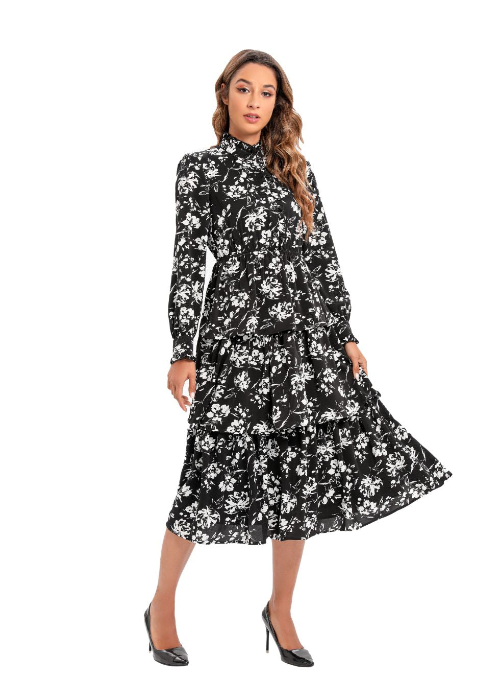 Long Sleeve Tiered Print Midi Dress - alamaud