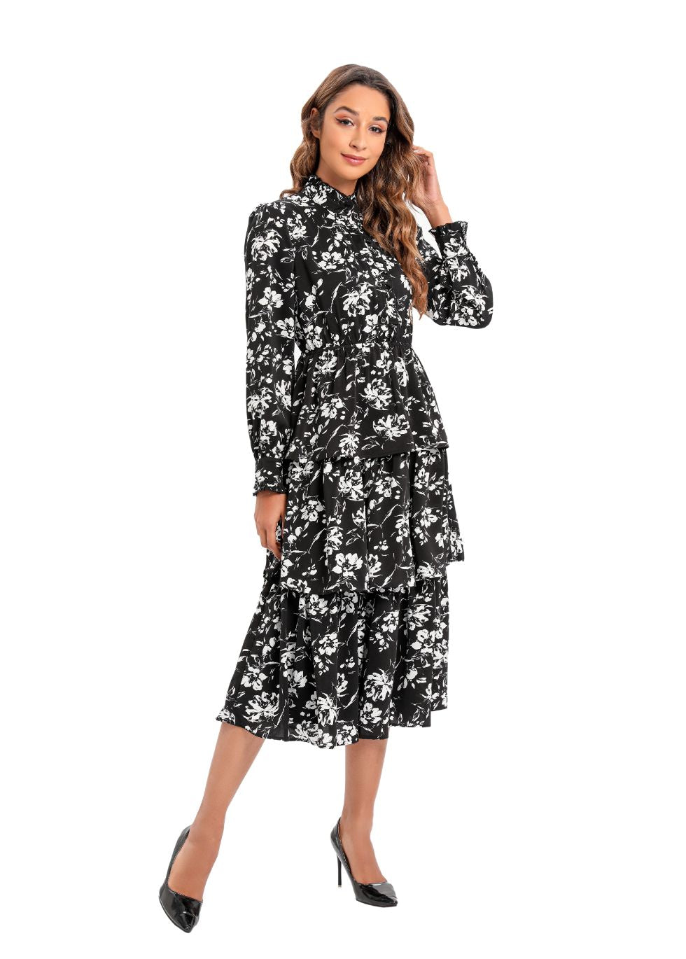 Long Sleeve Tiered Print Midi Dress - seilerlanguageservices