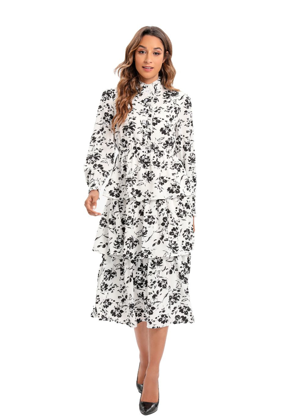 Long Sleeve Tiered Print Midi Dress - alamaud