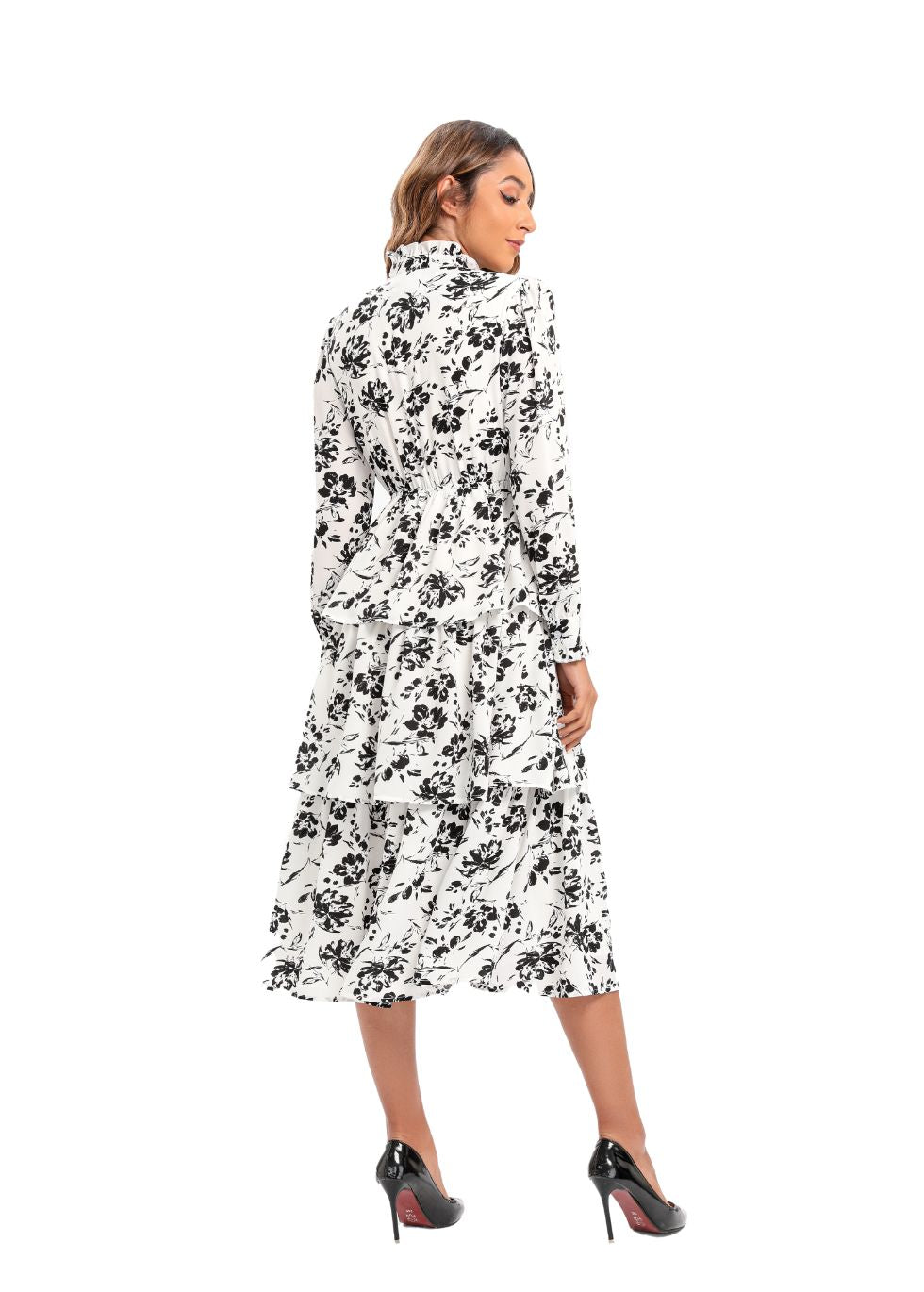 Long Sleeve Tiered Print Midi Dress - alamaud