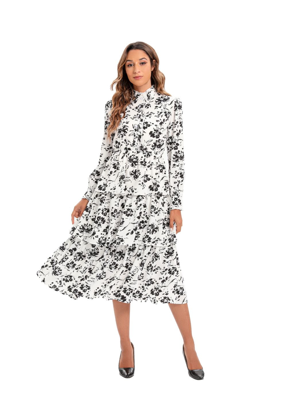 Long Sleeve Tiered Print Midi Dress - alamaud