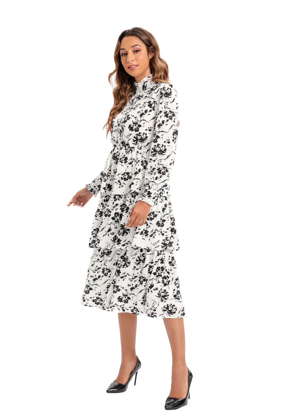 Long Sleeve Tiered Print Midi Dress - seilerlanguageservices