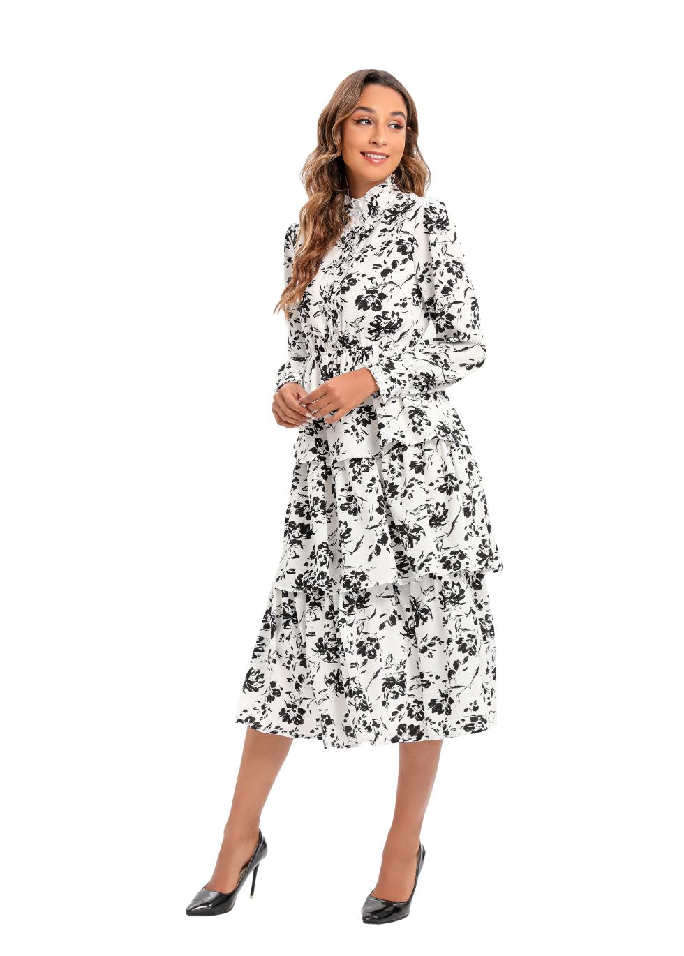 Long Sleeve Tiered Print Midi Dress - seilerlanguageservices