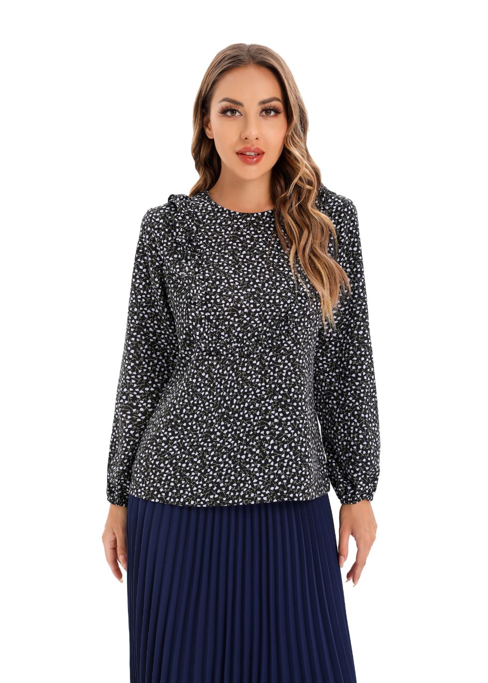 Micro Print Blouse with Long Sleeves and Bib Front - alamaud