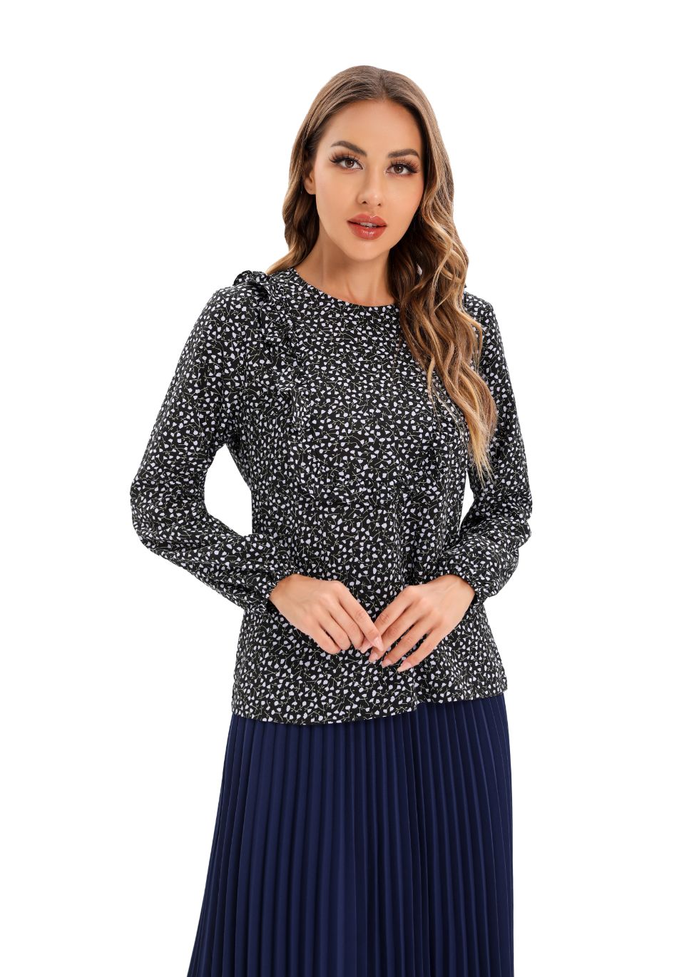 Micro Print Blouse with Long Sleeves and Bib Front - seilerlanguageservices