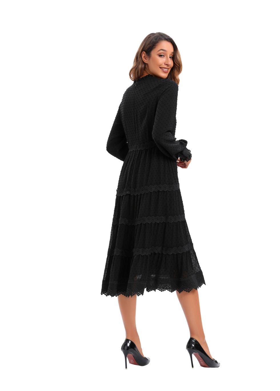 Modest Elegant Long Sleeves  Black Dress W/ Lace trimming 3086 - alamaud