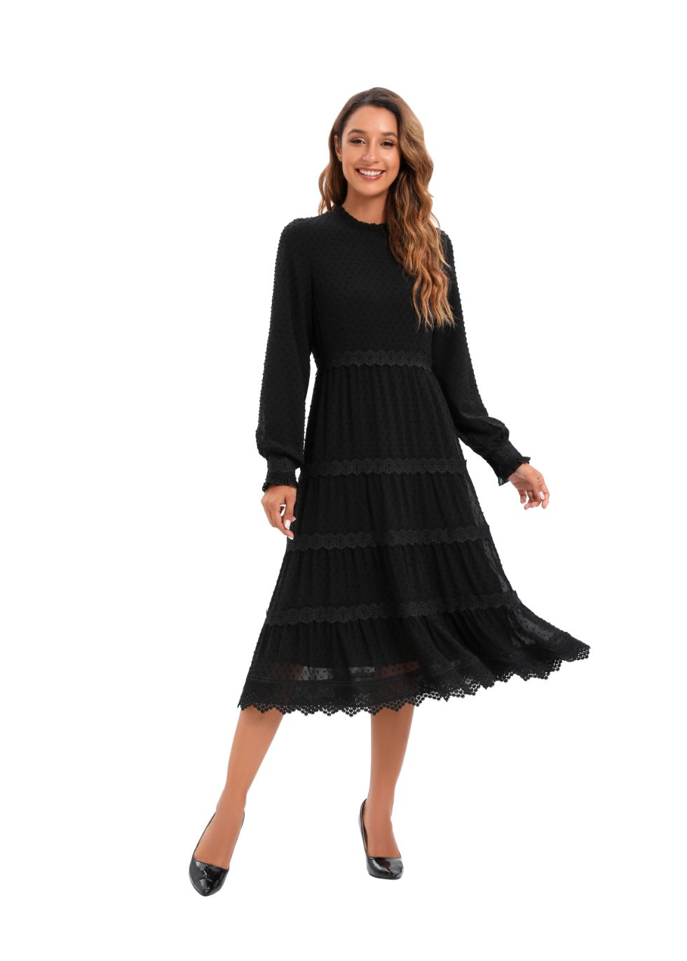 Modest Elegant Long Sleeves  Black Dress W/ Lace trimming 3086 - seilerlanguageservices