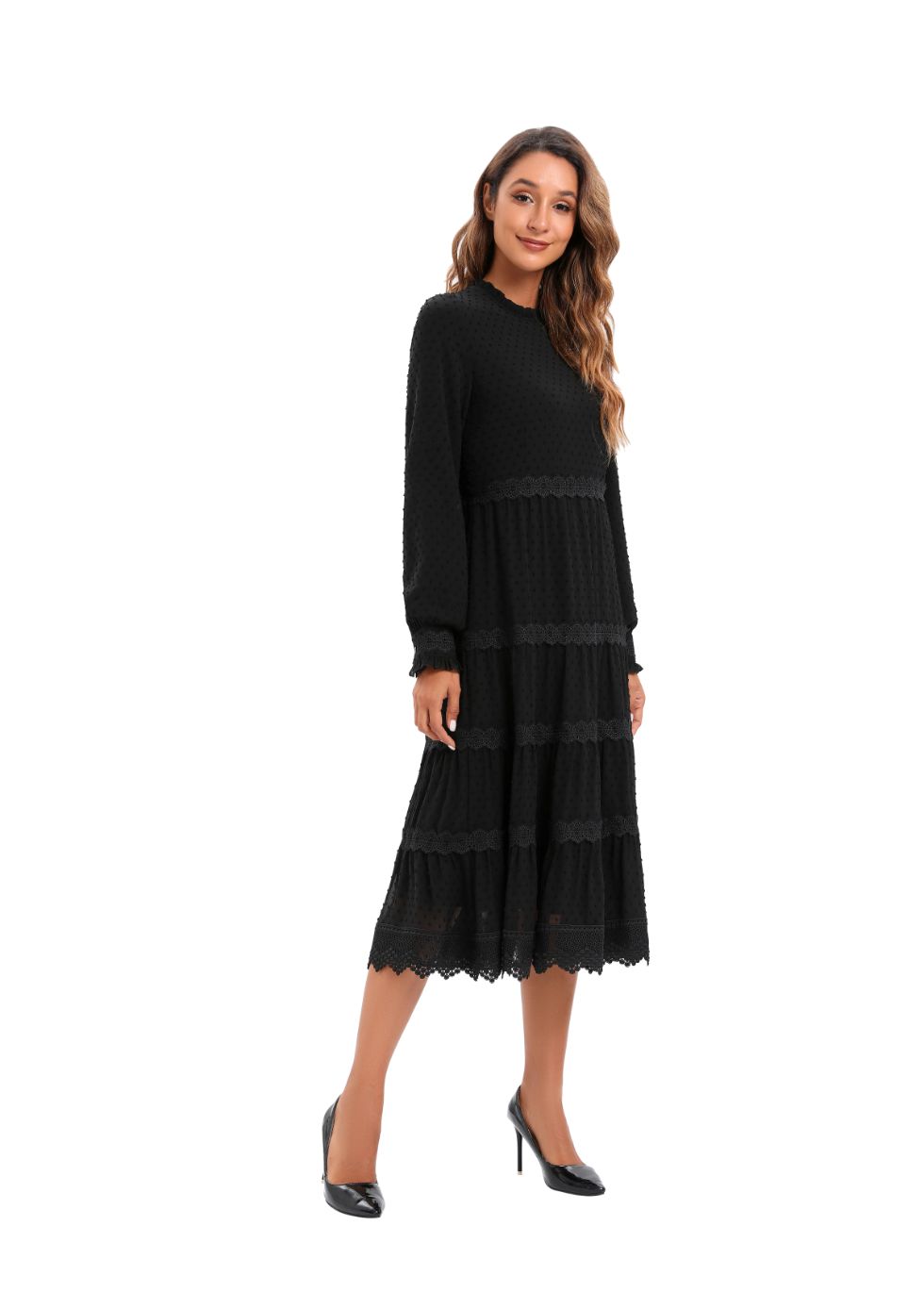 Modest Elegant Long Sleeves  Black Dress W/ Lace trimming 3086 - alamaud