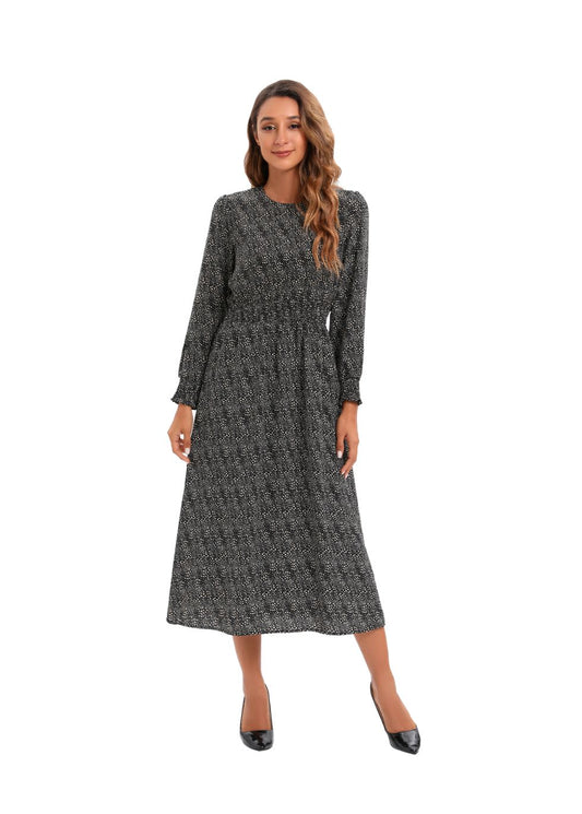 Smocked Micro Print Waist Dress with Long Sleeves - seilerlanguageservices