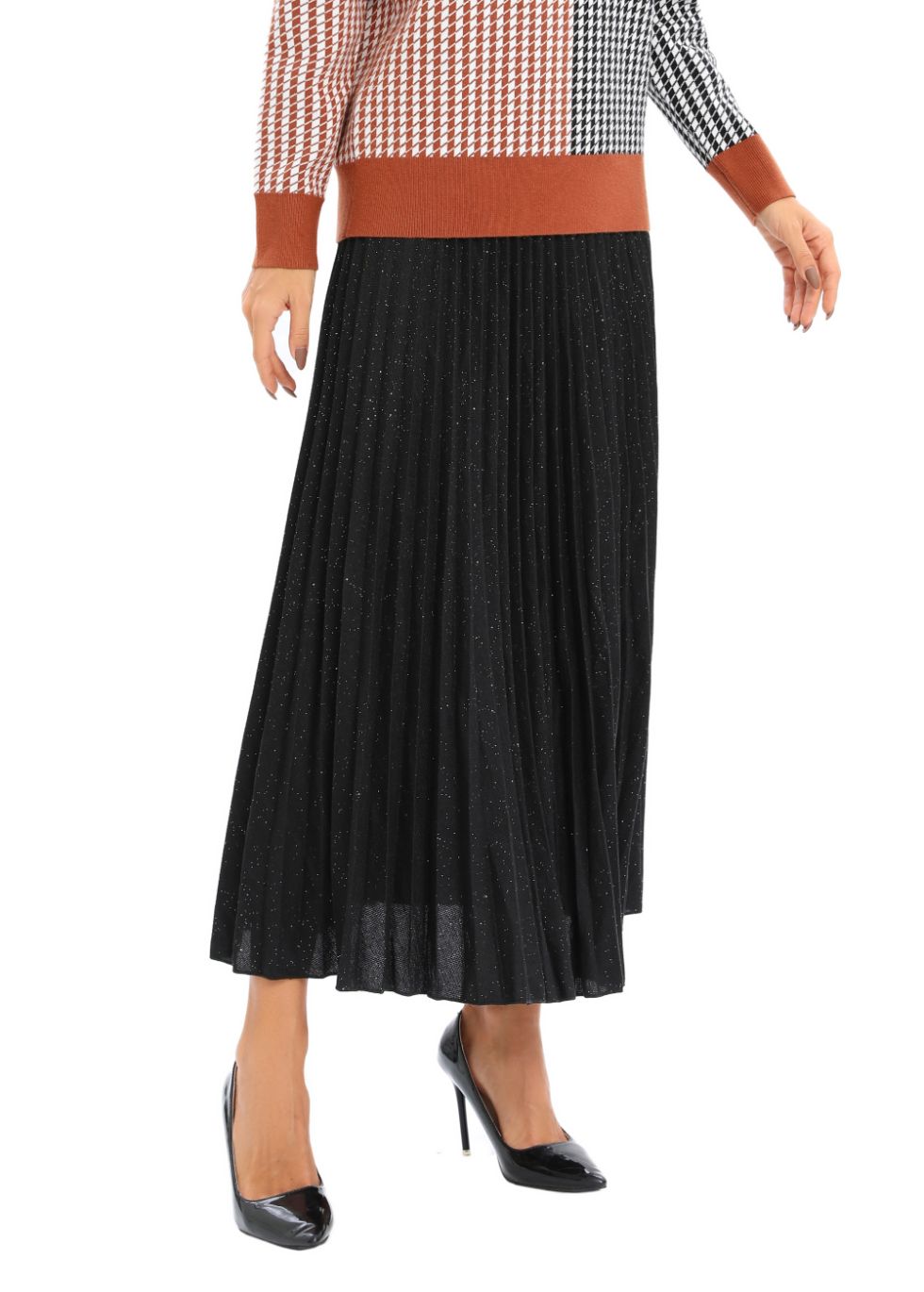 Shimmering Knitted Midi Pleated Skirt - alamaud