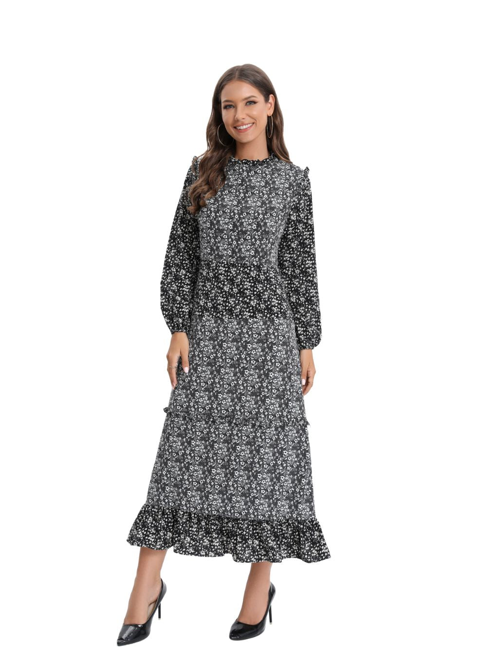 Long Sleeve Mixed Print Dress - alamaud