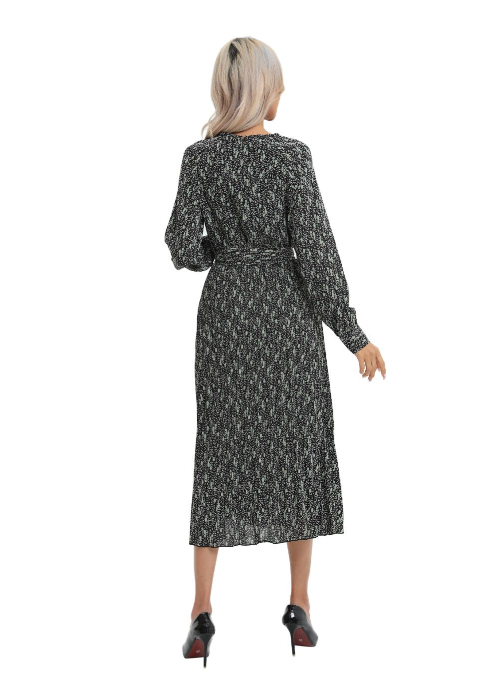 Print Midi Long Sleeve Dress with Detached Belt - seilerlanguageservices