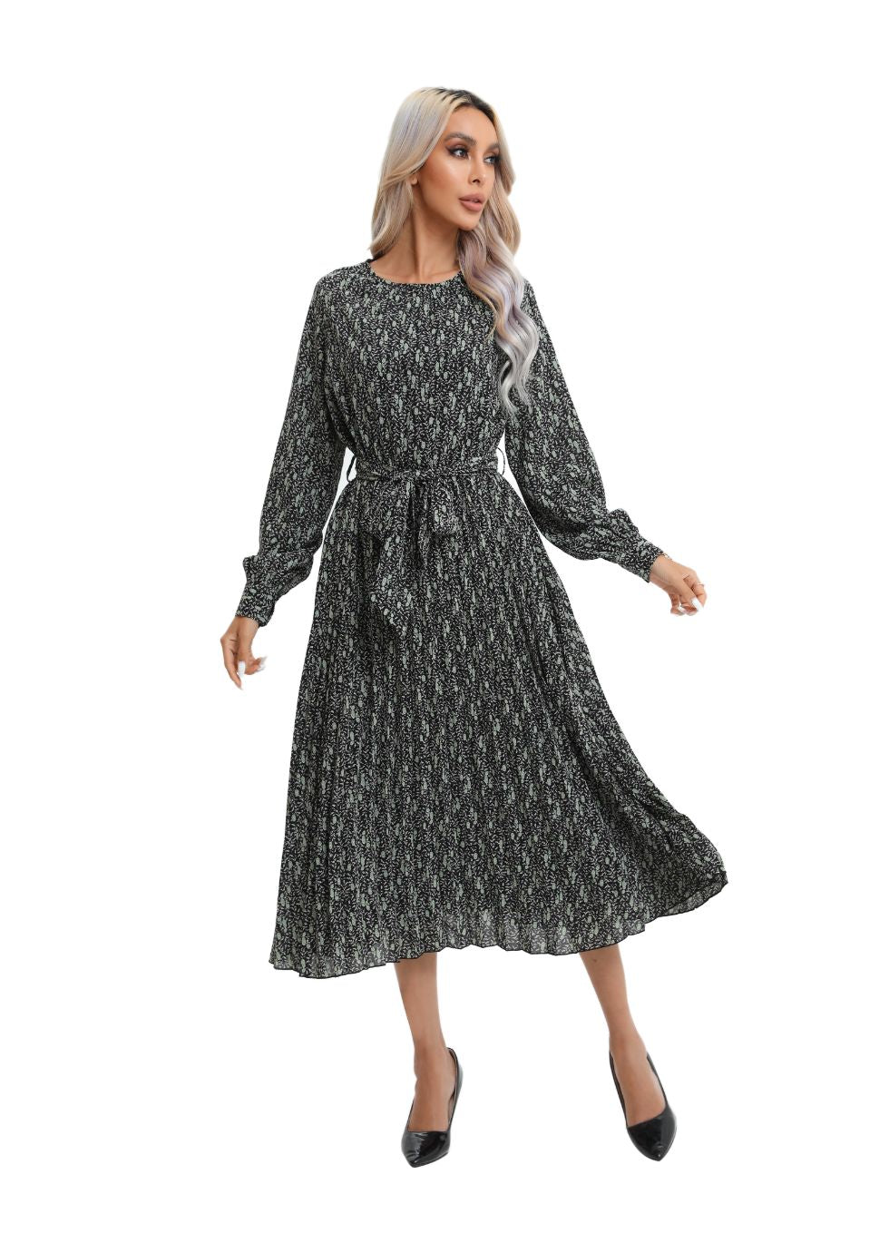 Print Midi Long Sleeve Dress with Detached Belt - alamaud