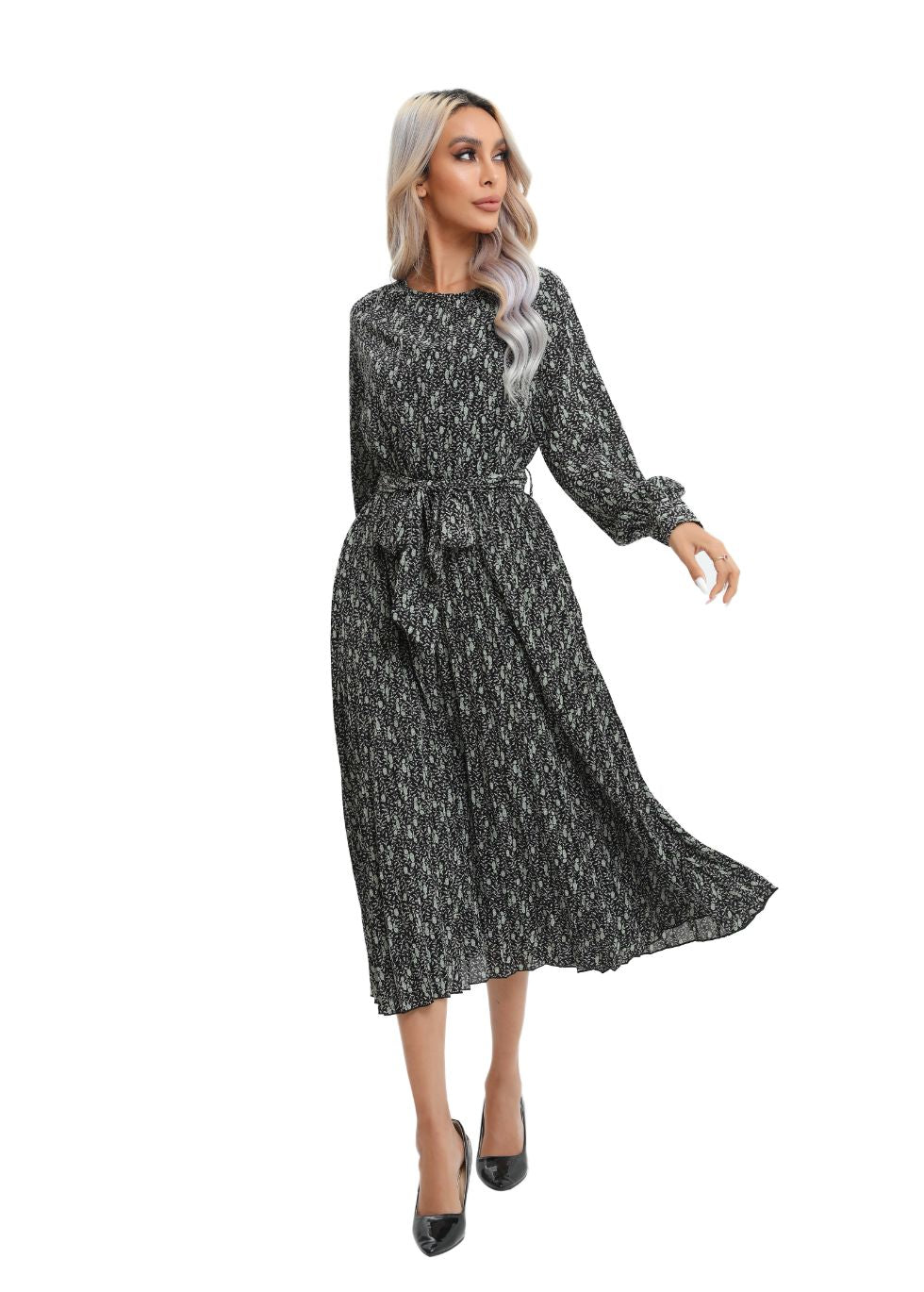 Print Midi Long Sleeve Dress with Detached Belt - seilerlanguageservices