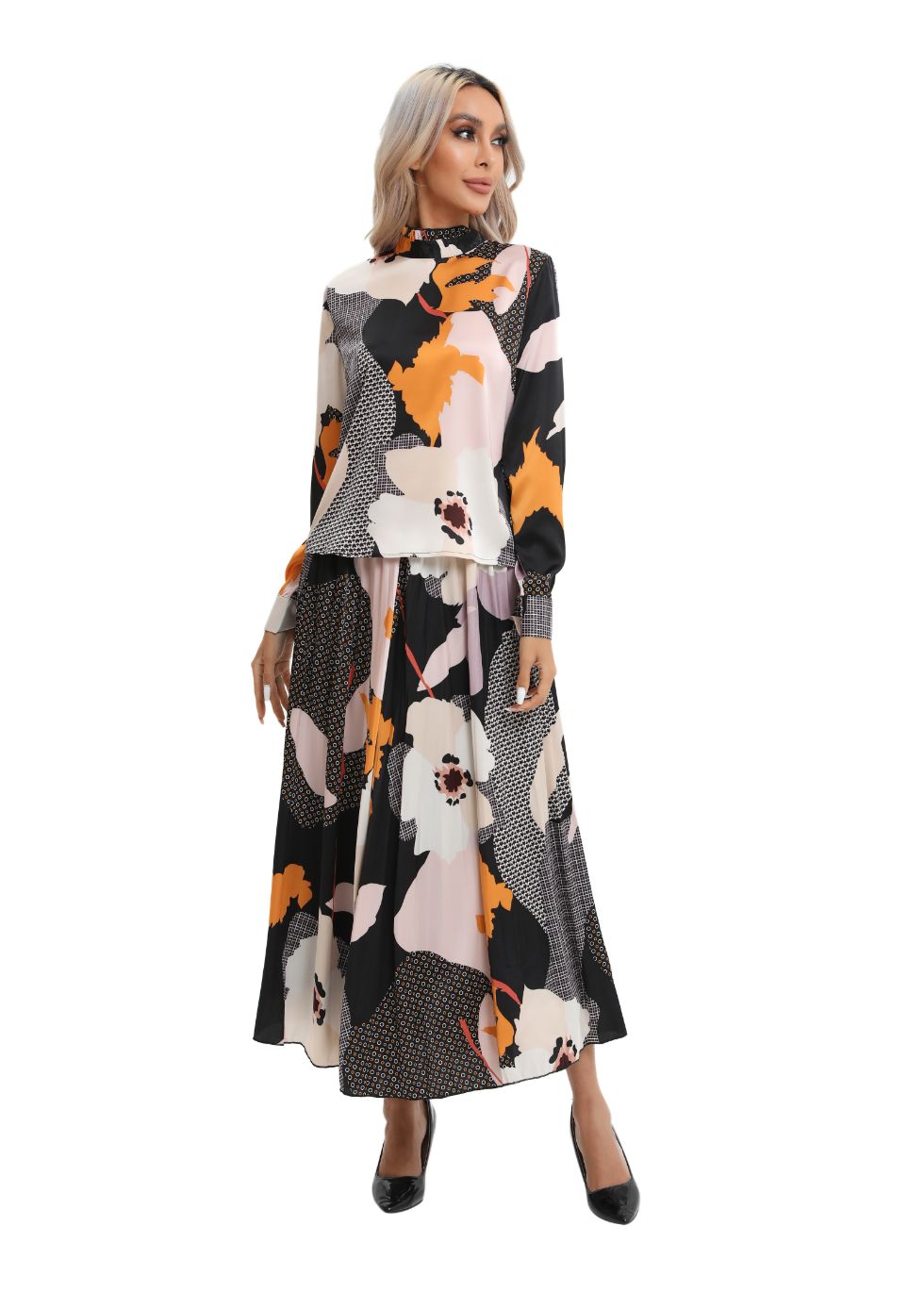 Colorful Print Two-Piece Midi Set - alamaud