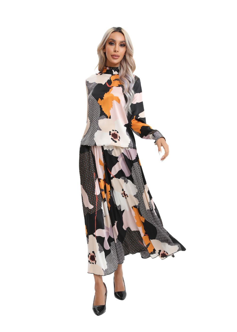 Colorful Print Two-Piece Midi Set - alamaud