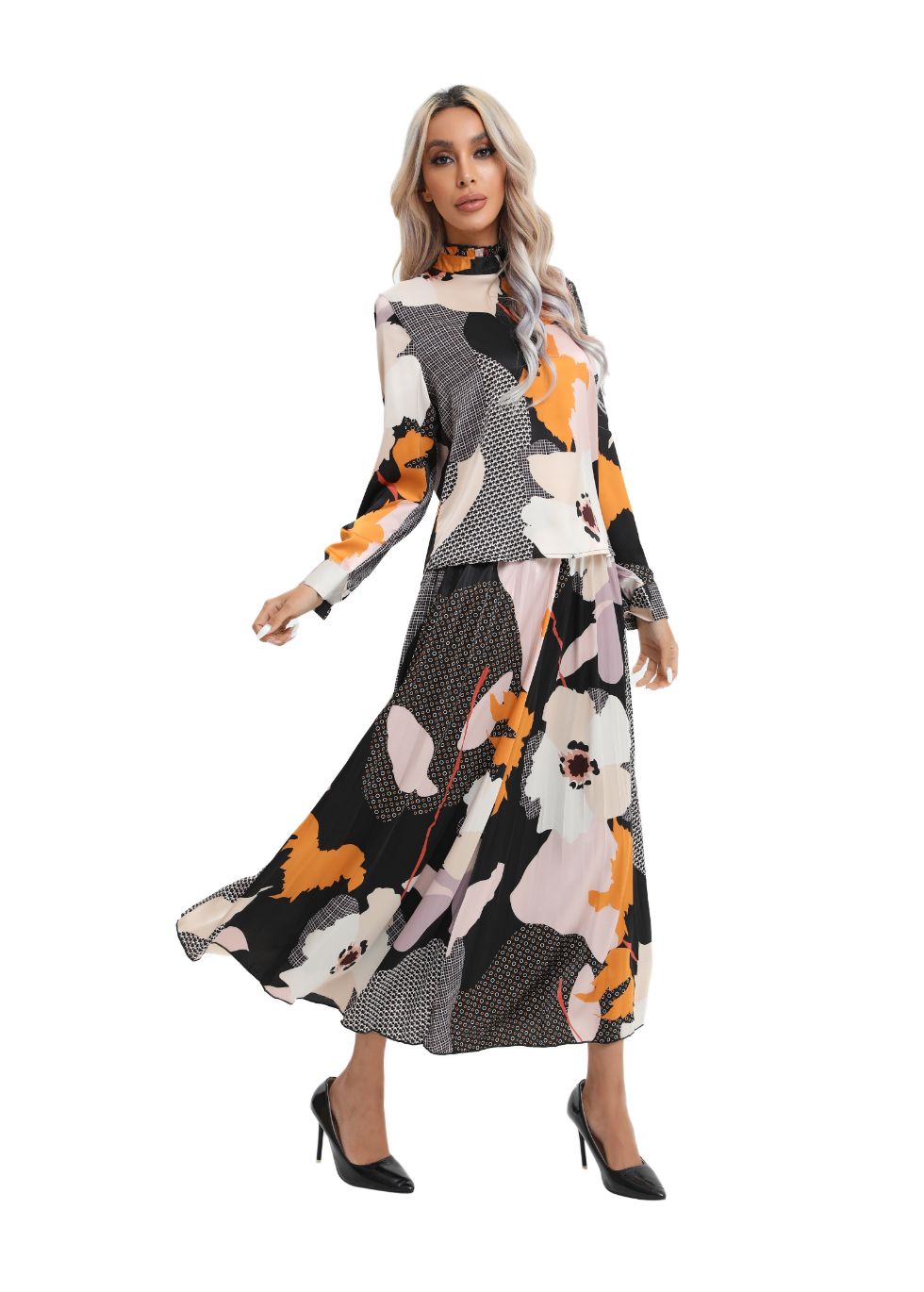 Colorful Print Two-Piece Midi Set - alamaud