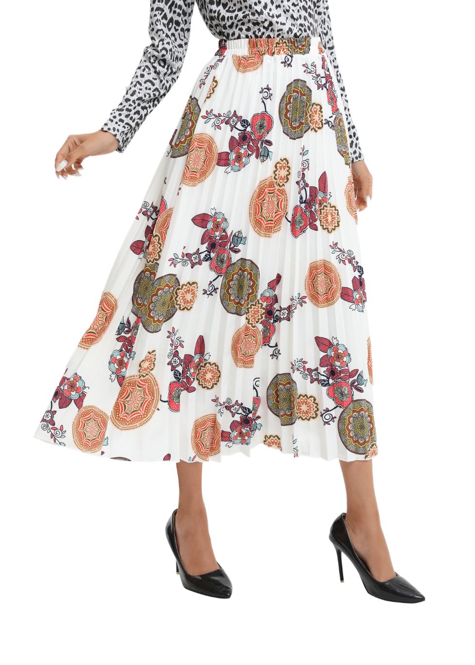 Print Pleated Midi Skirt - alamaud