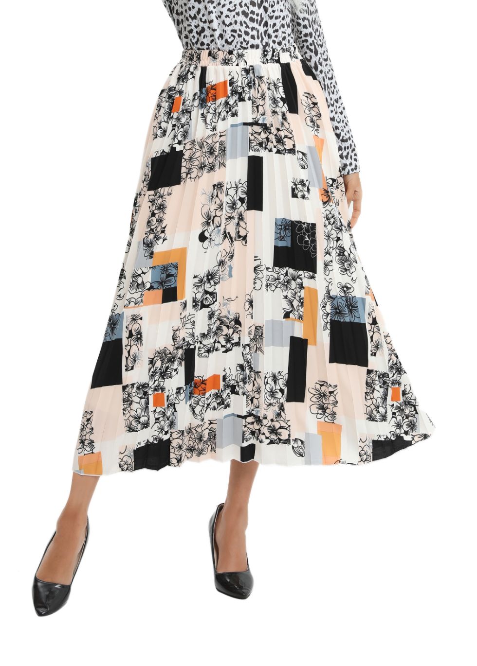 Print Pleated Midi Skirt - alamaud