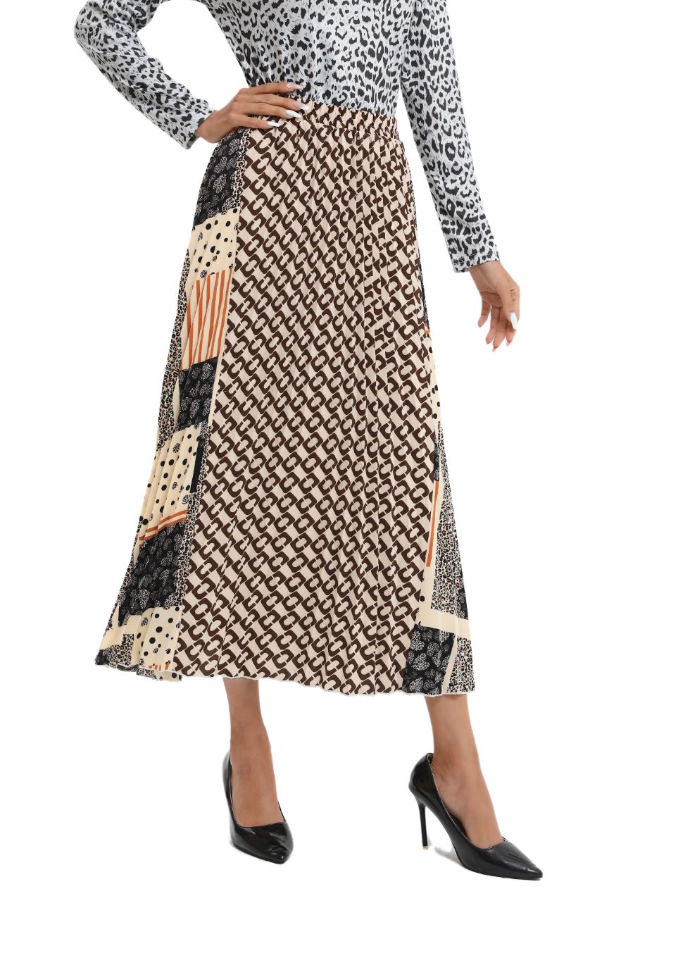 Mixed Print Midi Pleated Skirt - seilerlanguageservices