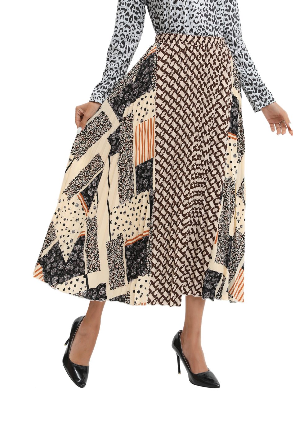 Mixed Print Midi Pleated Skirt - seilerlanguageservices