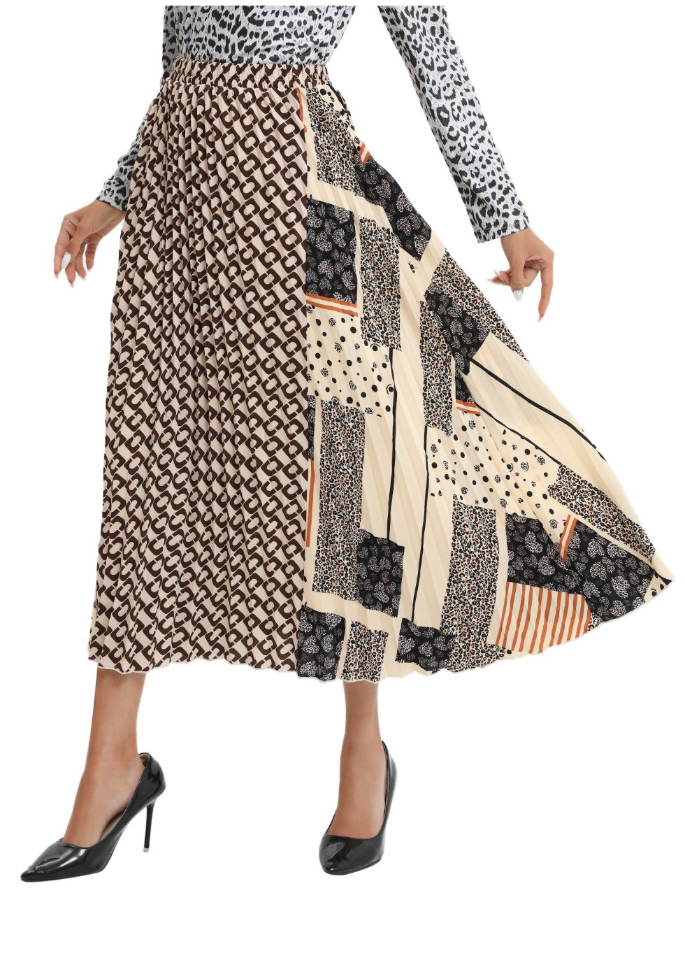 Mixed Print Midi Pleated Skirt - seilerlanguageservices