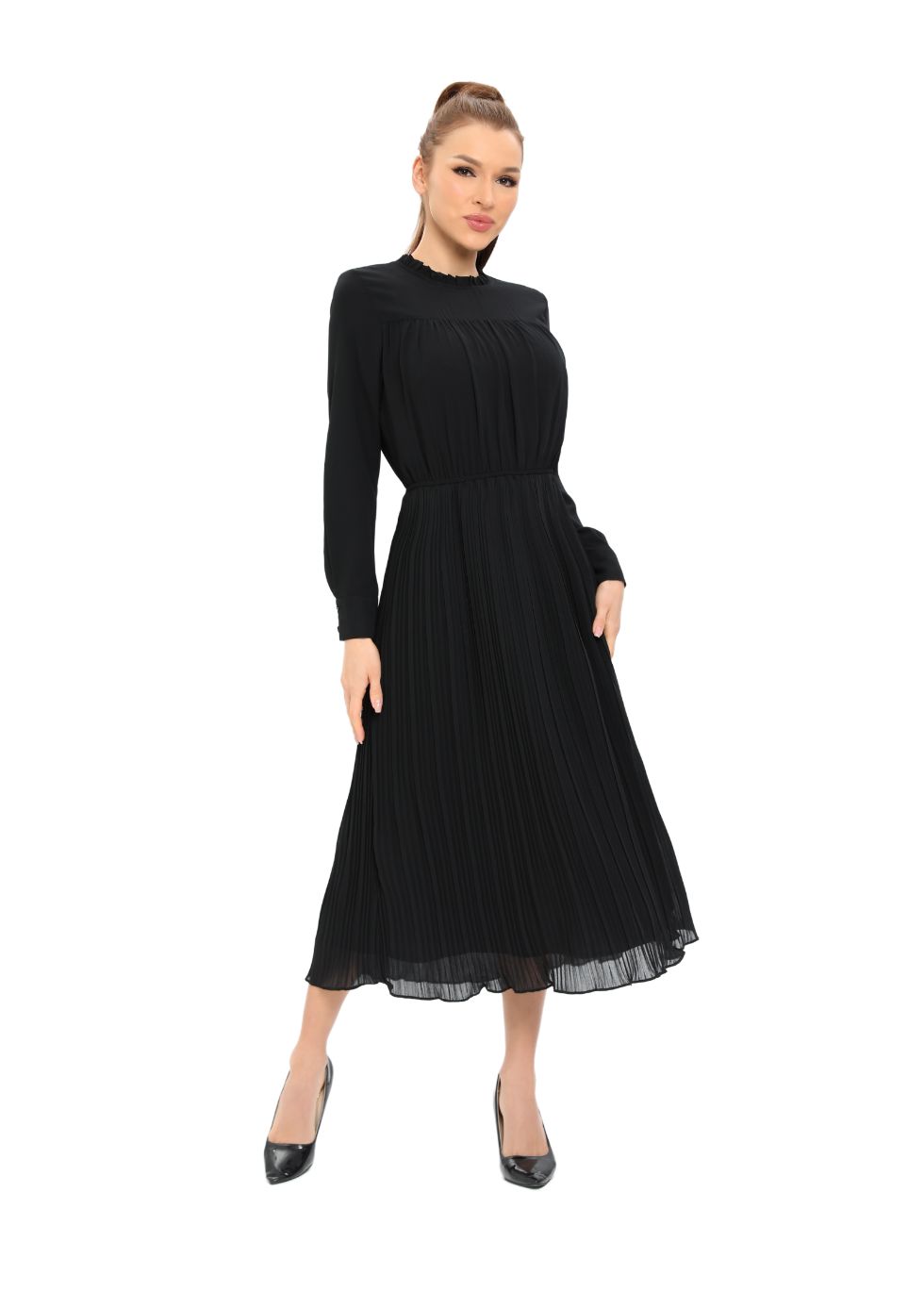 Long Sleeve Micro Pleated Skirt Midi Dress - alamaud