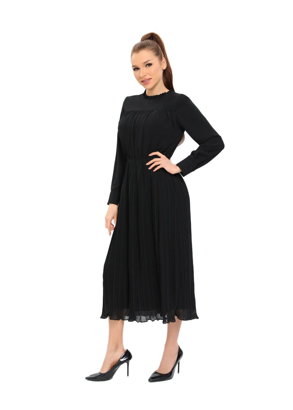 Long Sleeve Micro Pleated Skirt Midi Dress - alamaud