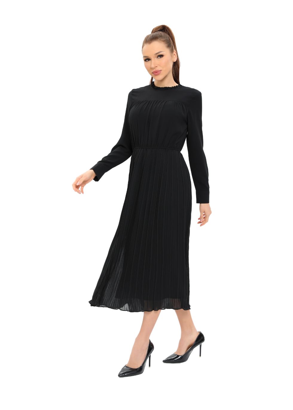 Long Sleeve Micro Pleated Skirt Midi Dress - alamaud