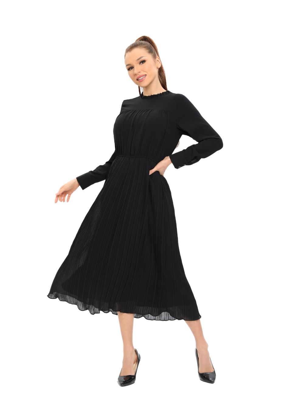 Long Sleeve Micro Pleated Skirt Midi Dress - seilerlanguageservices