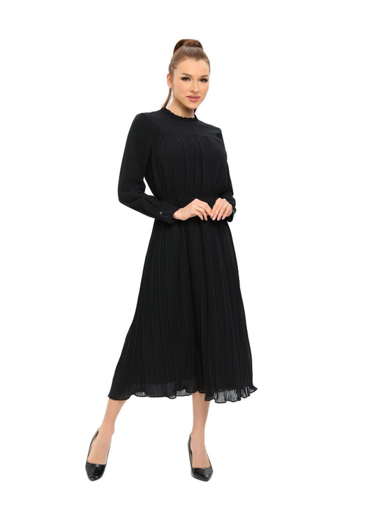 Long Sleeve Micro Pleated Skirt Midi Dress - alamaud