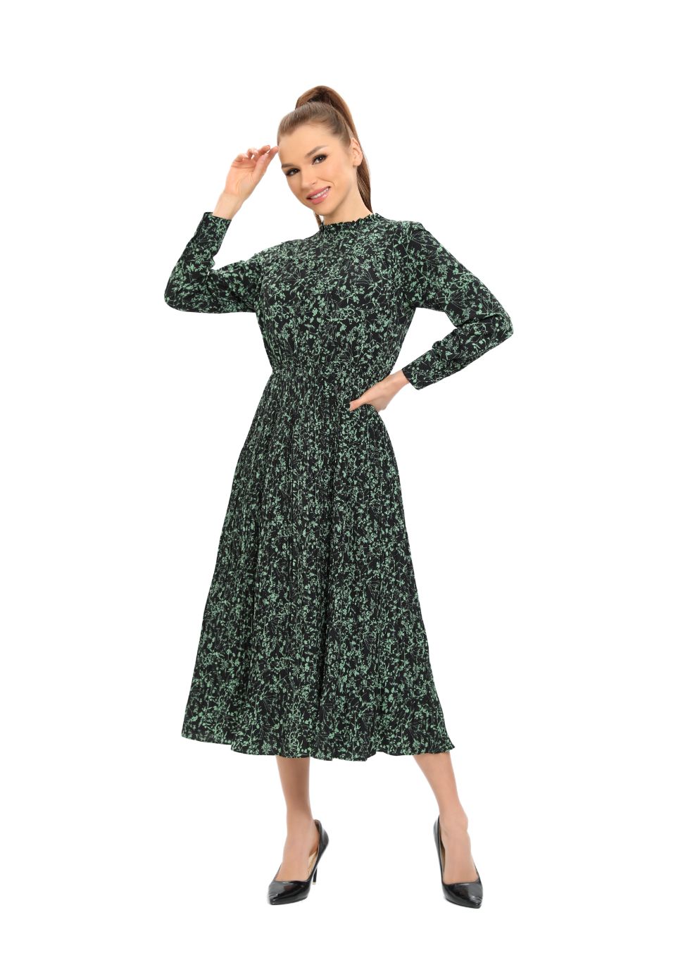 Long Sleeve Micro Pleated Skirt Midi Dress - alamaud