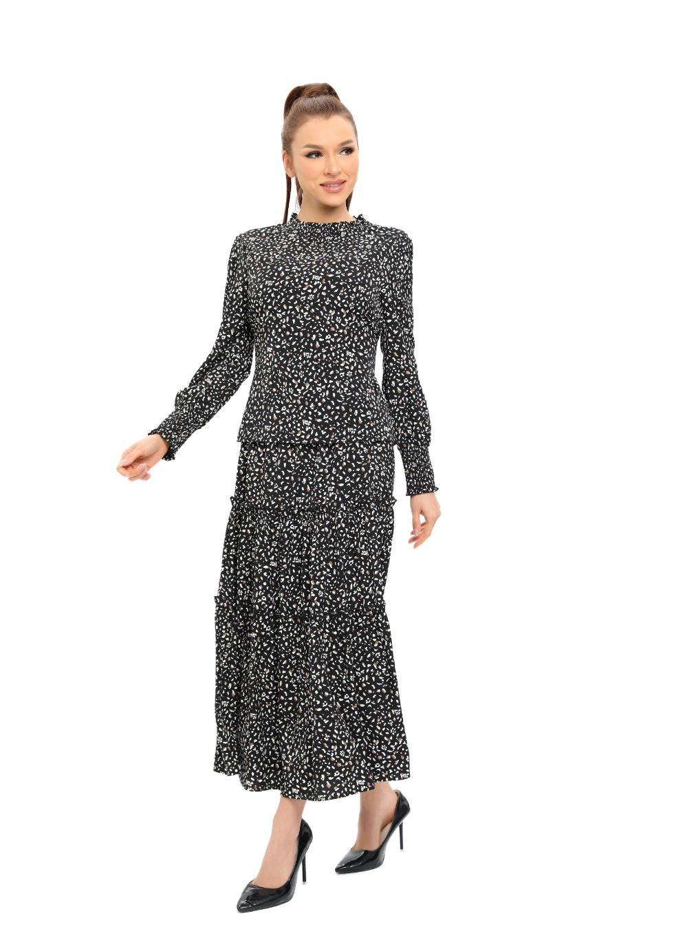 Long Sleeve Monochrome Midi Two-Piece Set - alamaud