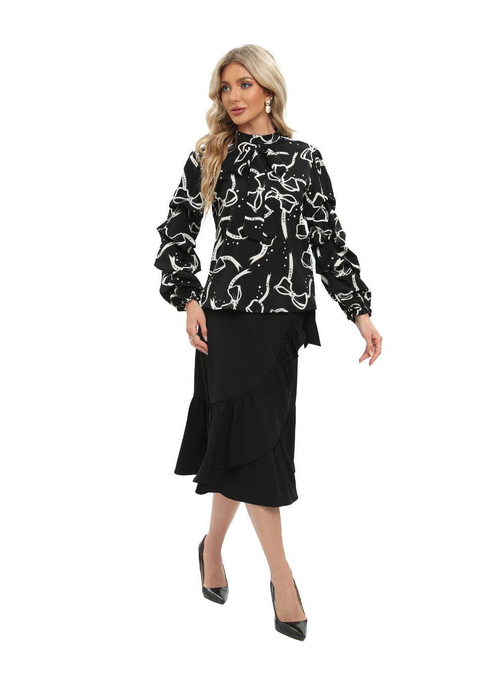 Tiered Long Sleeve Blouse with Front Tie - alamaud