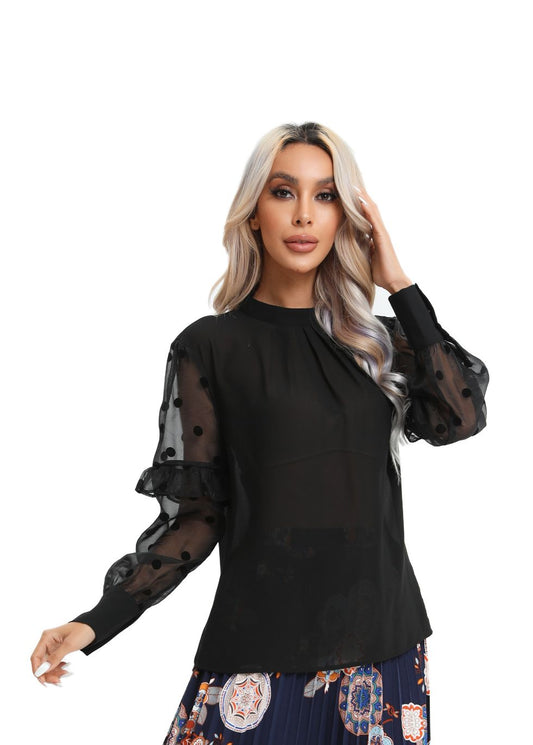 Polka Dot Sheer Sleeve Black Top - seilerlanguageservices