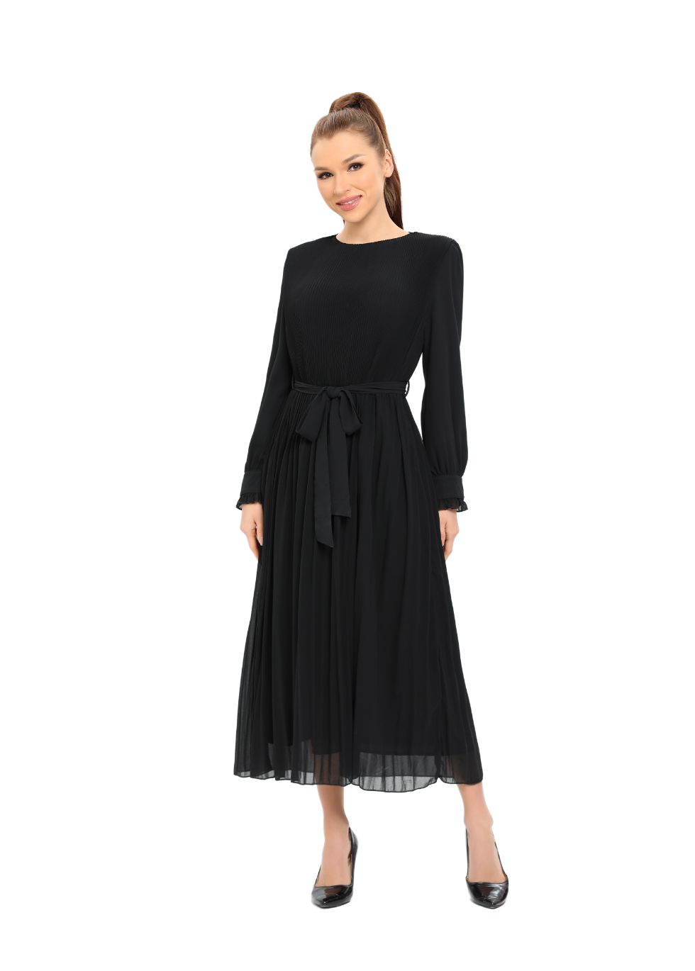 Elegant Black Micro Pleat Dress with Cuffs - seilerlanguageservices